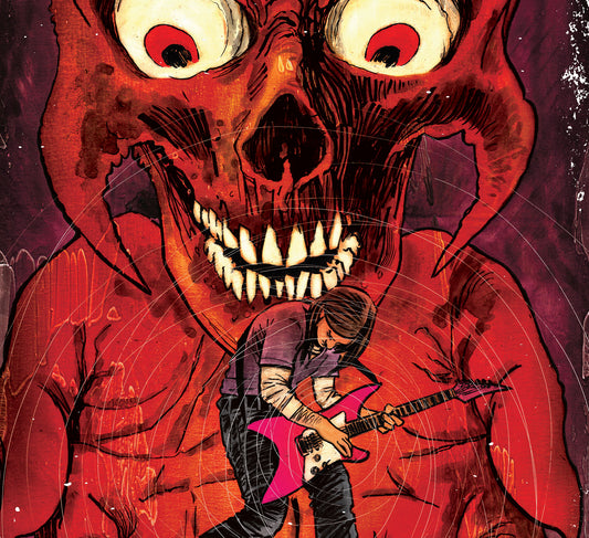 Image from Robert Hack's variant cover for The Cult of That Wilkin Boy: Initiation. Bingo, playing a pink electric guitar, stands in the hands of a red, skeletal demon creature. 