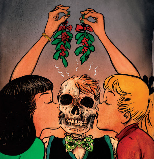 Betty and Veronica are holding up mistletoe and kissing a skeletal Archie. 