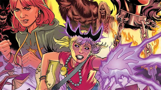 Main cover art by Craig Cermak for The Cursed Library: Alpha. Jinx is wearing a crown of thorns and emanating purple magic, surrounded by Madam Satan, Danni Malloy, and various demons.