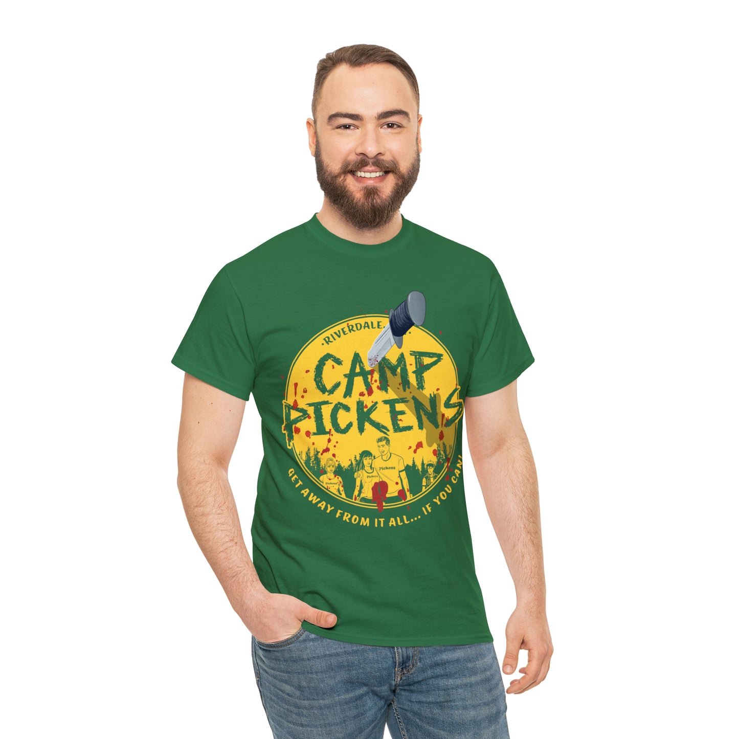 Riverdale Camp Pickens Graphic T-Shirt (Unisex Heavy Cotton Tee) featuring Archie, Betty, Veronica, and Jughead