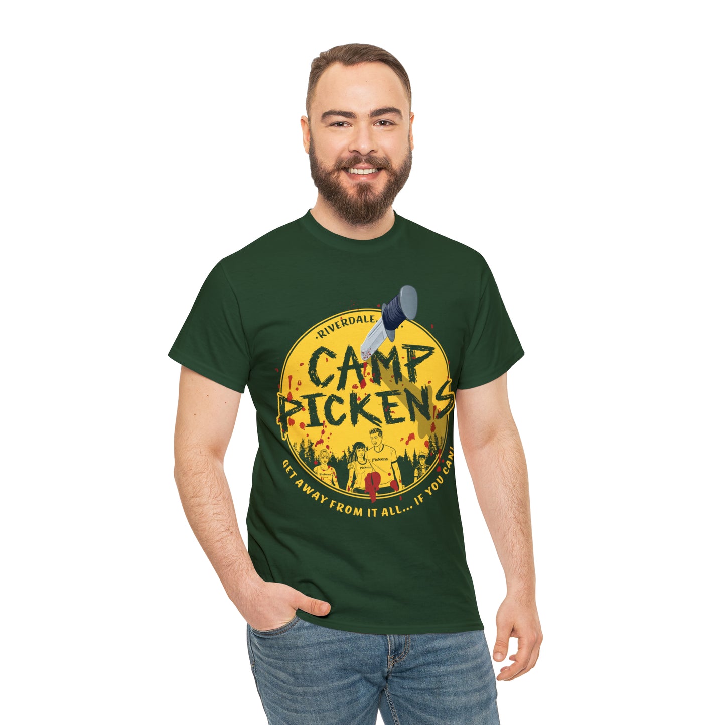 Riverdale Camp Pickens Graphic T-Shirt (Unisex Heavy Cotton Tee) featuring Archie, Betty, Veronica, and Jughead