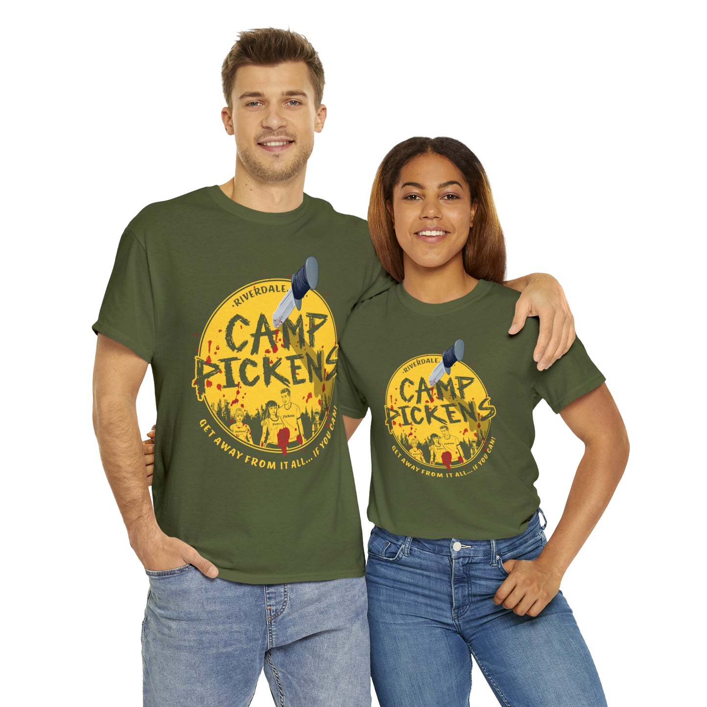 Riverdale Camp Pickens Graphic T-Shirt (Unisex Heavy Cotton Tee) featuring Archie, Betty, Veronica, and Jughead