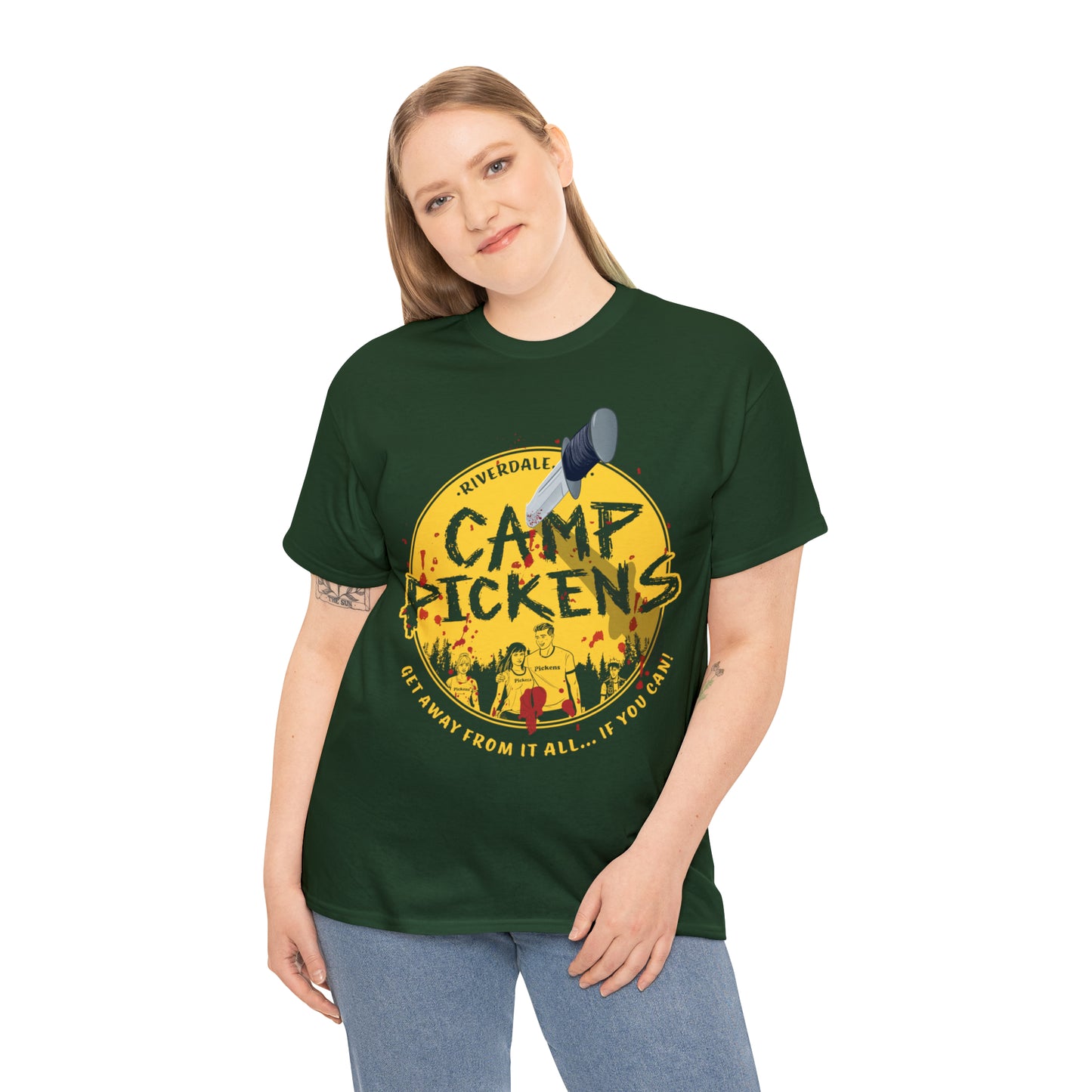 Riverdale Camp Pickens Graphic T-Shirt (Unisex Heavy Cotton Tee) featuring Archie, Betty, Veronica, and Jughead