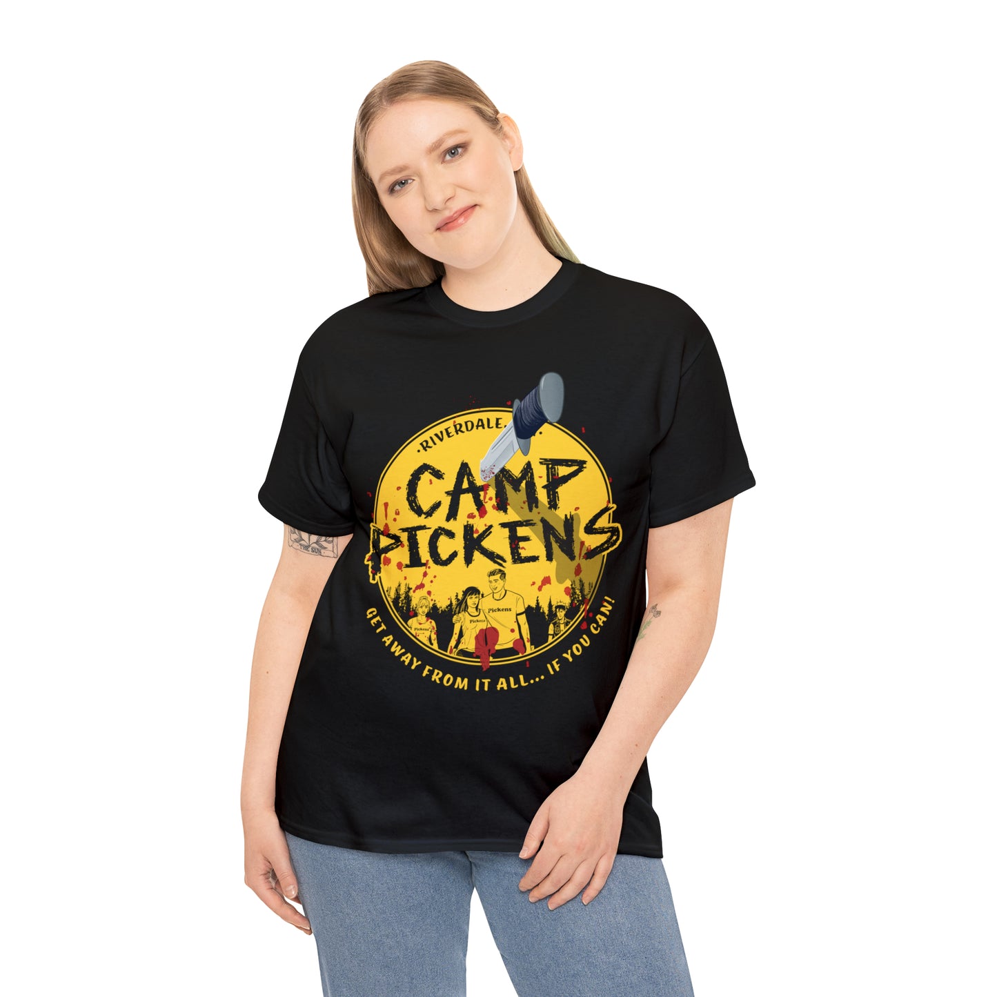 Riverdale Camp Pickens Graphic T-Shirt (Unisex Heavy Cotton Tee) featuring Archie, Betty, Veronica, and Jughead