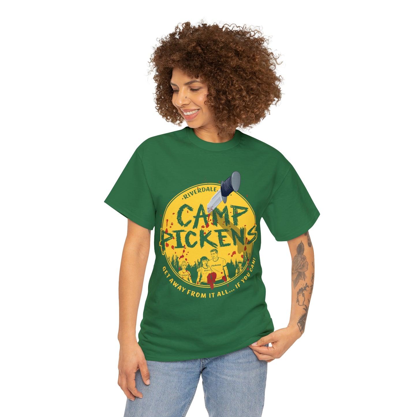 Riverdale Camp Pickens Graphic T-Shirt (Unisex Heavy Cotton Tee) featuring Archie, Betty, Veronica, and Jughead