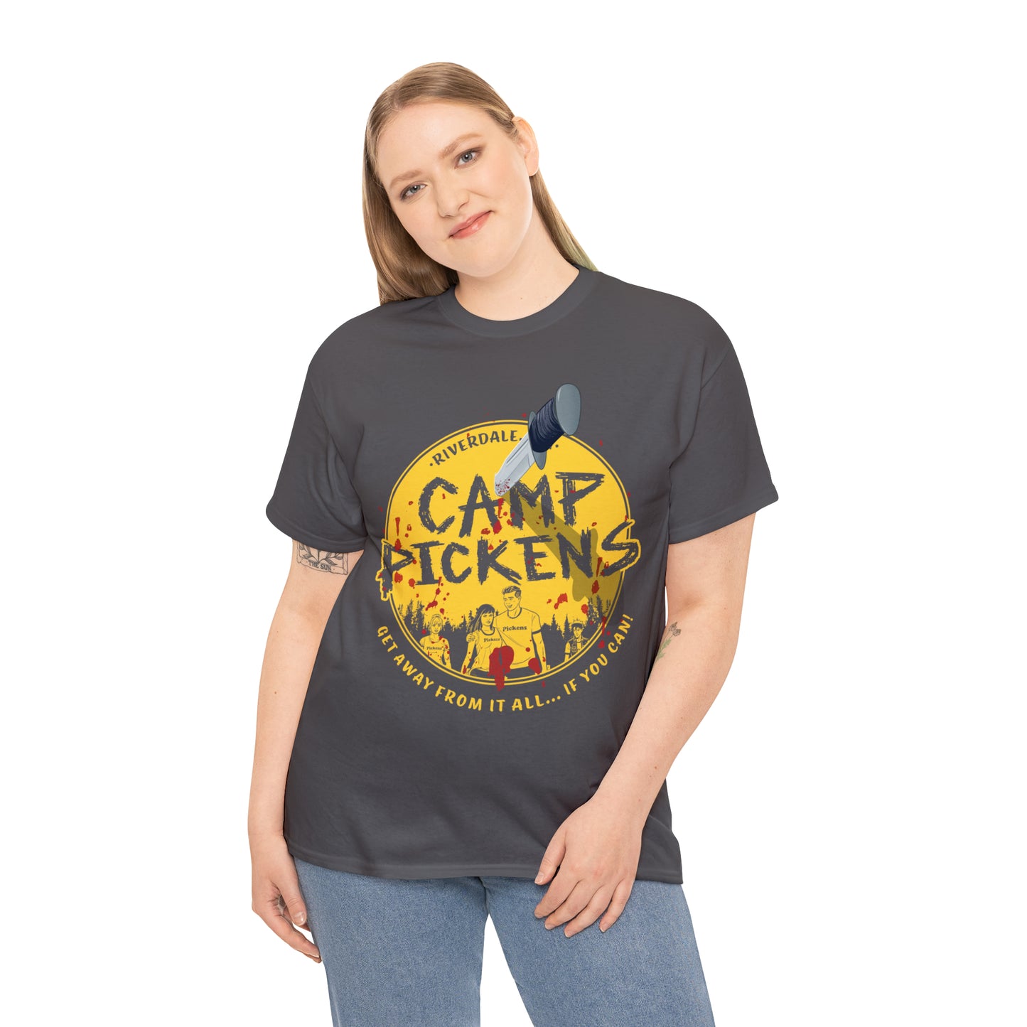 Riverdale Camp Pickens Graphic T-Shirt (Unisex Heavy Cotton Tee) featuring Archie, Betty, Veronica, and Jughead