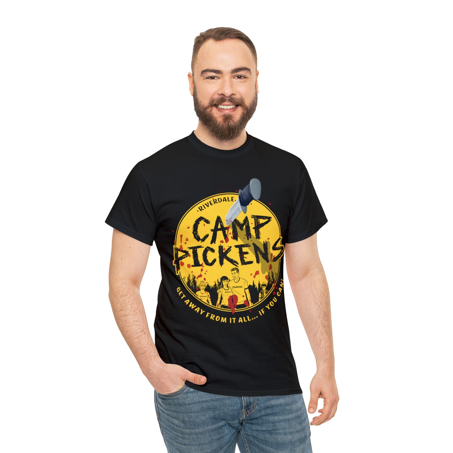 Riverdale Camp Pickens Graphic T-Shirt (Unisex Heavy Cotton Tee) featuring Archie, Betty, Veronica, and Jughead