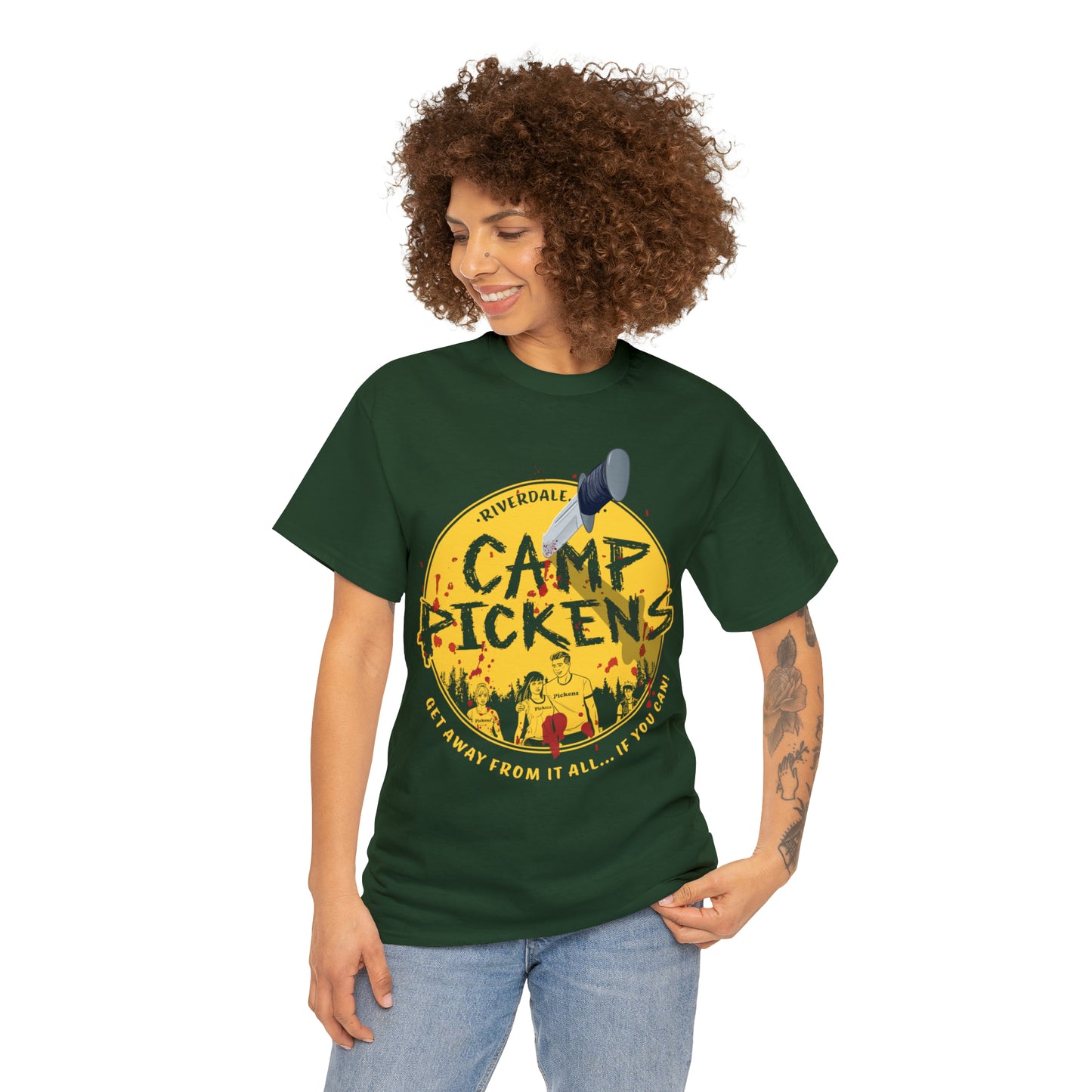 Riverdale Camp Pickens Graphic T-Shirt (Unisex Heavy Cotton Tee) featuring Archie, Betty, Veronica, and Jughead