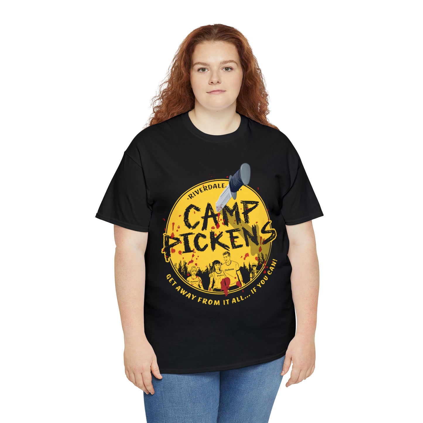 Riverdale Camp Pickens Graphic T-Shirt (Unisex Heavy Cotton Tee) featuring Archie, Betty, Veronica, and Jughead