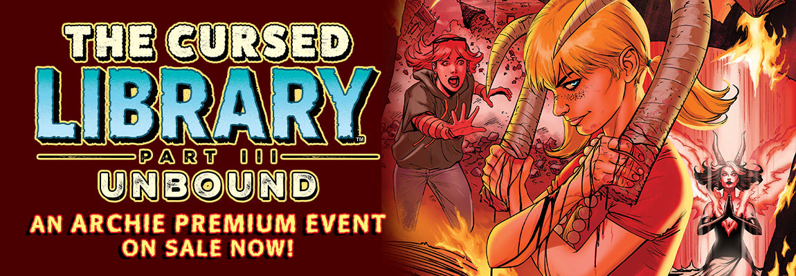 Cover image for The Cursed Library Pt 3: Unbound. Jinx is hoilding to large horns while a horrified Danni runs toward her, Madam Satan is praying in the background and everyrthing is engulfed in flames. Art by Craig Cermak.