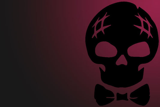 Black skull with bowtie against a magenta and black gradient background