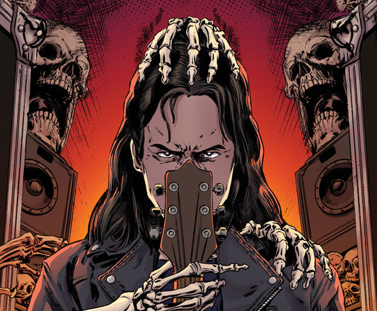 Bingo Wilkin holds a guitar in front of his face, while skulls and skeleton hands surround him.