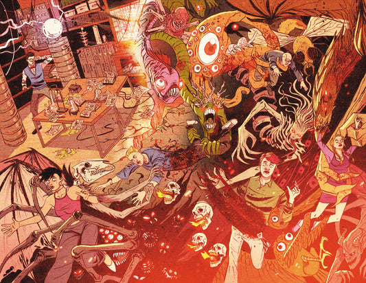 Spread from Judgment Day #1, featuring Dilton confounded, looking as Midge, Moose, Bingo Wilkin, and Mr. Weatherbee all being attacked by various monsters and demons. Art by Megan Hutchison, colors by Matt Herms. 