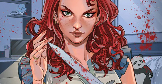 Red-headed Trula Twyst holds up a knife in a bedroom with stuffed animals and blood splatter. Art by Laura Braga from the main cover of Truth or Dare. 