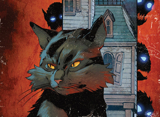 Image of Salem in front of a mansion with glowing eyes behind him. Art from the main cover of The Nine Lives of Salem by Dan Schoening and Matt Herms. 