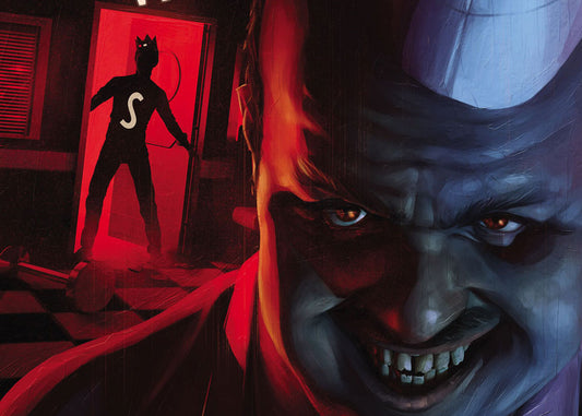 Image from the variant cover of Pop's Chock'lit Shoppe of Horrors: Fresh Meat, featuring a sinister-looking Pop with Jughead in the doorway behind him, bathed in red light. Art by Aaron Lea.